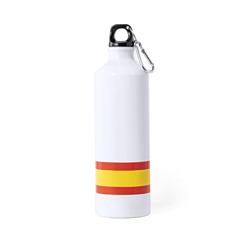 Makio Botella Agua Blanco con Bandera España. Botella de Aluminio de 800 ml, con tapón de seguridad a rosca libre de BPA, y mosquetón de transporte.