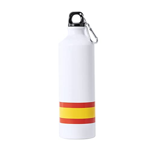 Makio Botella Agua Blanco con Bandera España. Botella de Aluminio de 800 ml, con tapón de seguridad a rosca libre de BPA, y mosquetón de transporte.