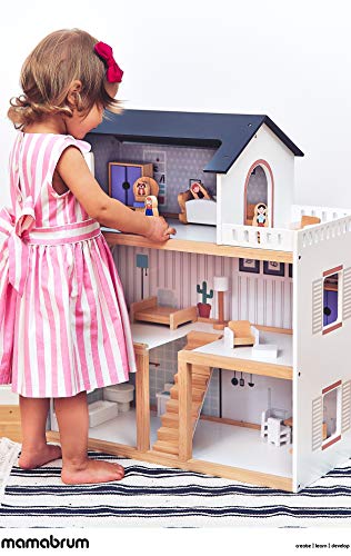 Mamabrum Casa de Muñecas de Madera 70x30x60cm para Niños con Terraza Grande 4 Figuras, 3 Pisos, 2 Dormitorios, Cocina, Sala de Estar y 18 Habitaciones Móviles, Juguete para Niños de 3 Años
