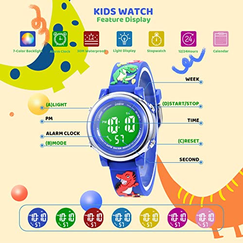 Mamiddle Reloj Deportivos Digital para Niño Niña Reloj Infantil Impermeable 3ATM con Alarma Fecha Cronómetro 7 Luces traseras LED (Dinosaurio Azul)