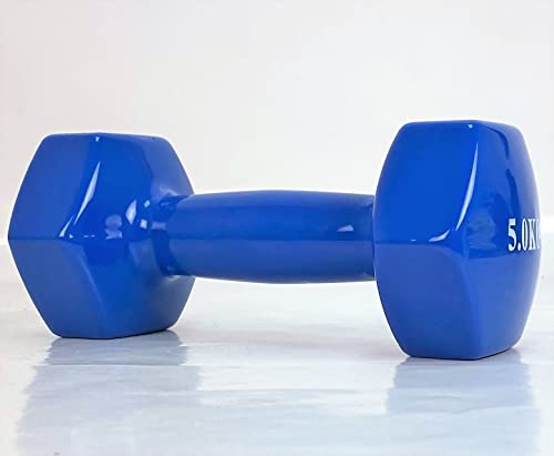 Mancuerna pesa de 5kg de acero cubierta en vinilo suave y antideslizante Ejercicio en Casa, gimnasia, musculación. Color Azul.