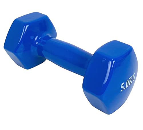 Mancuerna pesa de 5kg de acero cubierta en vinilo suave y antideslizante Ejercicio en Casa, gimnasia, musculación. Color Azul.