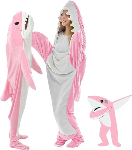 Manta de tiburón 2024, manta de franela supersuave con mangas para adultos, saco de dormir portátil, con capucha, manta de tiburón, disfraz de tiburón, regalos, pijama de una pieza (grande, rosa)