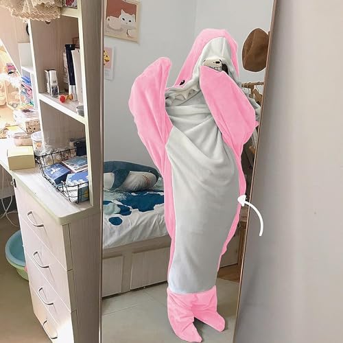 Manta de tiburón 2024, manta de franela supersuave con mangas para adultos, saco de dormir portátil, con capucha, manta de tiburón, disfraz de tiburón, regalos, pijama de una pieza (grande, rosa)