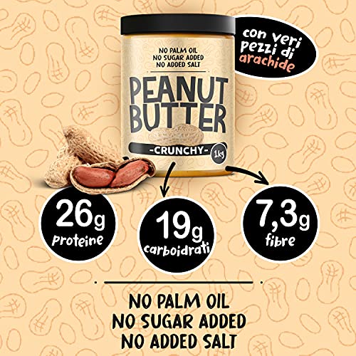 MANTEQUILLA CACAHUETE 1kg • Crema De Cacahuete Sin Azucar 100% Natural • Peanut Butter Made in Italy • Sin Aceite De Palma • Crema Proteica Para Untar (Crunchy, 1 kg)
