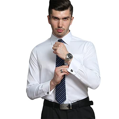 MAOAEAD Camisa de manga larga para hombre, clásica con puños franceses, camisa de vestir a rayas, bolsillo de parche único, camisas de negocios de ajuste estándar (blanco (gemelos al azar), 46/6XL)