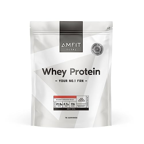 Marca Amazon - AMFIT TOTAL Proteína de suero en polvo con sabor a batido de fresa, 75 porciones, 2.27 kg (Paquete de 1)