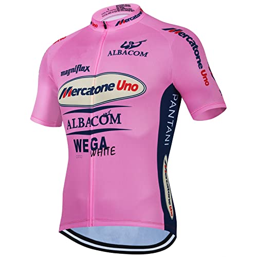 Marco Pantani Retro profesional equipo Mercatone Uno Pink Ropa ciclismo conjunto para hombre, manga corta bicicleta ropa babero corto kits gel pad (S)