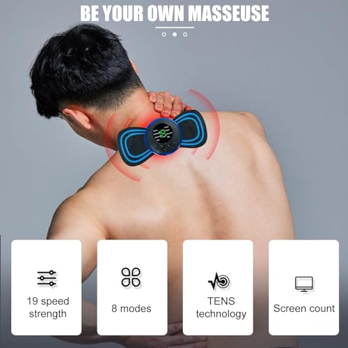 Masajeador de cuello EMS: 4 piezas EMS Mini masajeador 8 modos 19 niveles, masajeador EMS inalámbrico, autoadhesivo, masajeador de hombros y cuello, alivio del dolor de