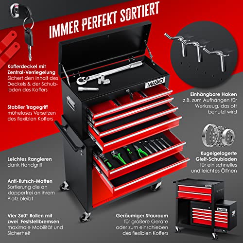 MASKO® Carro de taller con maletín incluido, 9 compartimentos con cerradura metal macizo, sin herramientas, para guardar herramientas, rojo