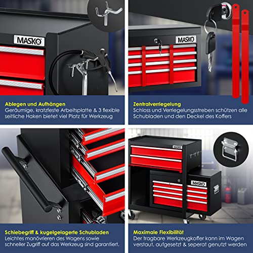 MASKO® Carro de taller con maletín incluido, 9 compartimentos con cerradura metal macizo, sin herramientas, para guardar herramientas, rojo