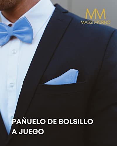 Massi Morino Pajarita azul con pañuelo para hombre Set - Pajarita para traje de caballero para boda - Pajarita ajustable azul