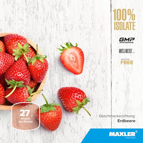 Maxler Polvo de proteína 100% aislada – Aislados de suero de sabor natural de pasto – Proteína de suero aislado bajo en azúcar y delicioso honestamente – Fresa – 300 g