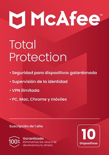 McAfee Total Protection 2023, 10 dispositivos, Software de seguridad en Internet con antivirus, VPN ilimitada, 1 año de suscripción, Tarjeta de clave