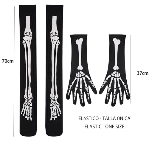 Medias Esqueleto Mujer Niña+Guantes Esqueleto Mujer Niña, Medias y Guantes Catrina, Medias y Guantes Disfraz Esqueleto, Accesorio Halloween, Halloween Skeleton Gloves Stockings Set (NEGRO)
