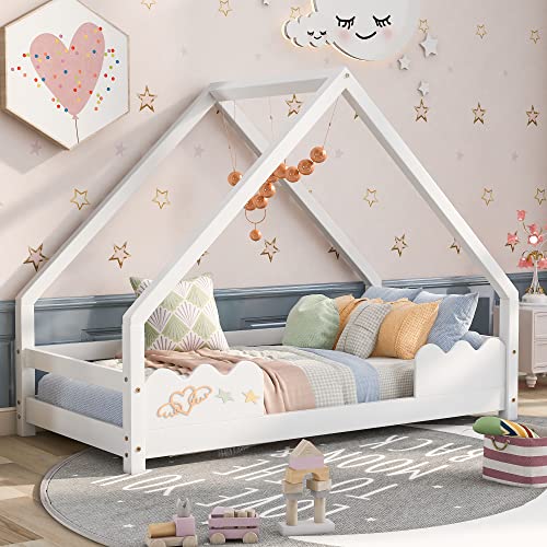 Merax Cama infantil de casa de 80 x 160 cm con somier, cama de árbol de madera estable con protección contra caídas para niños, color blanco