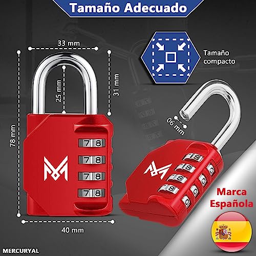MERCURYAL Candado Combinacion - Candado Taquilla - Candados Seguridad 4 Dígitos - 1/2 UDS en Color Negro - Candado Maleta, Gimnasio, Cajones, Gym (1 Unidad, Rojo)