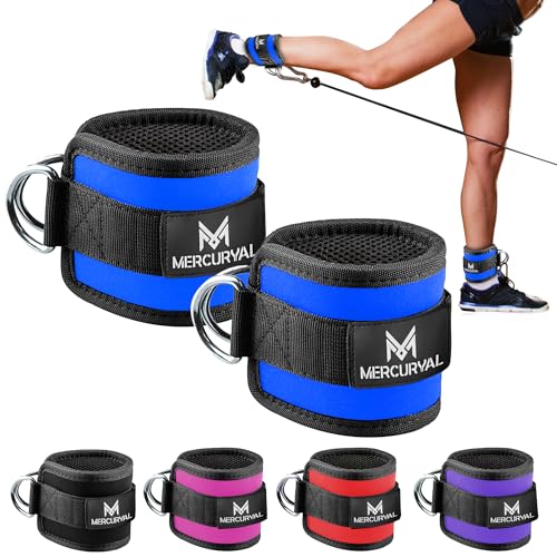 MERCURYAL Pack 2 Tobilleras Poleas Gym - Tobillera para Polea Acolchada de Velcro para Mujeres y Hombres - Correa Tobillos Gym para Máquina de Cable Fitness y Gimnasio (Azul)