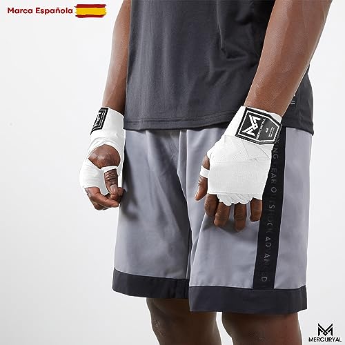 MERCURYAL Vendas Boxeo 4m para Proteger la Mano - Vendas Boxeo Guantes Interiores - Cinta Boxeo - Hand Wraps Muay Thai MMA Kick Boxing Artes Marciales - Vendas para Mujeres y Hombres (4 M, Blanco)
