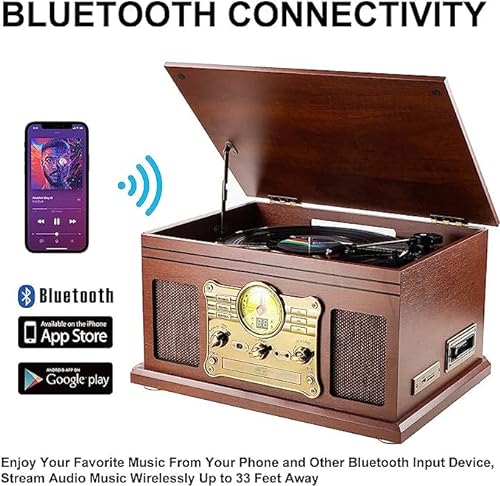 Mersoco Tocadiscos Bluetooth de Vinilo con Altavoces estéreo, Convertidor de Vinilo LP a MP3 con CD, Reproductor de Casete,Radio FM,Entrada Auxiliar y Tomas de Auriculares
