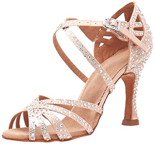 MGM-Joymod Zapatos de baile latinos modernos con tiras cruzadas y diamantes de imitación para mujer, estilo tango social, Piel Tacón 9cm, 39 EU