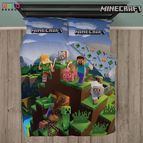 Minecraft Juego Oficial de Funda de edredón Doble, diseño épico, Reversible, 2 Caras, Incluye Fundas de Almohada a Juego, Juego de Cama Doble de Character World Brands Gaming | polialgodón