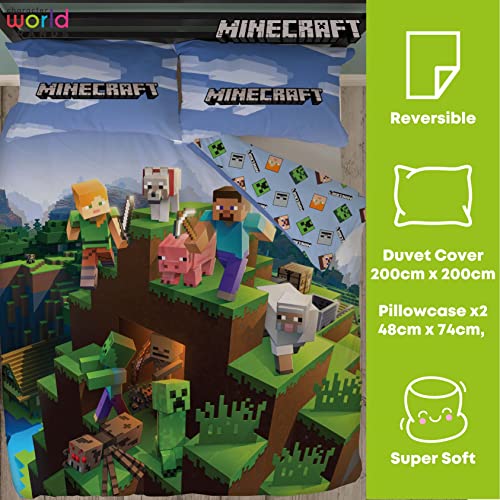 Minecraft Juego Oficial de Funda de edredón Doble, diseño épico, Reversible, 2 Caras, Incluye Fundas de Almohada a Juego, Juego de Cama Doble de Character World Brands Gaming | polialgodón