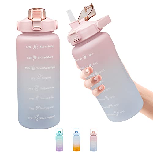 minghaoyuan Botella de agua deportiva de 2 litros con marcador de tiempo y popote, sin BPA, botella carbonatada para fitness, gimnasio, hogar, oficina, pesca, al aire libre (rosa)