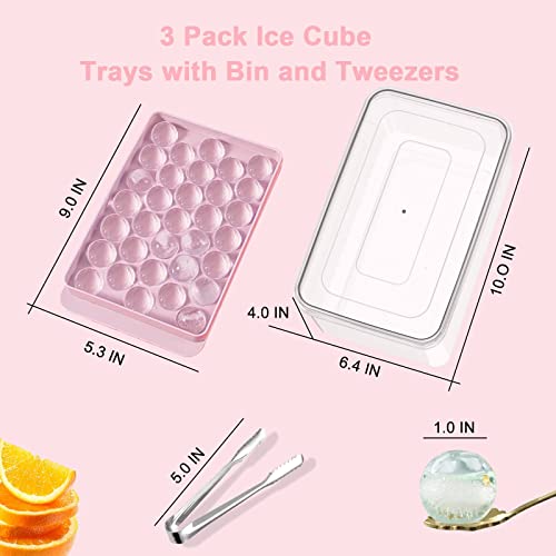 Mini bandeja de cubitos de hielo, molde redondo para hacer bolas de hielo para congelador, té café (paquete de 3 cubo de hielo rosa y pinza )