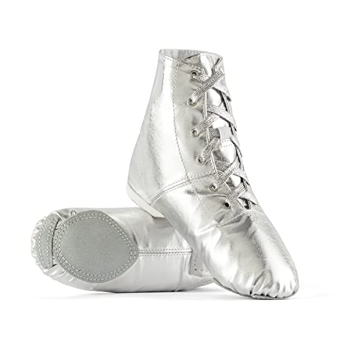 missfiona Botas de jazz, zapatos de baile para mujer, con cordones, zapatos planos de baile con suela dividida, Silver, 36.5 EU