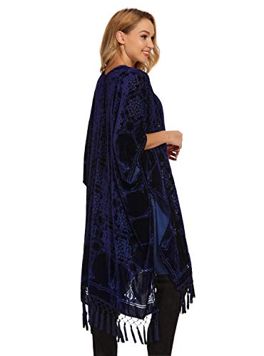 MJ SERECA Cárdigan Tipo Kimono de Terciopelo Desgastado Largo para Mujer con pompón Azul Marino