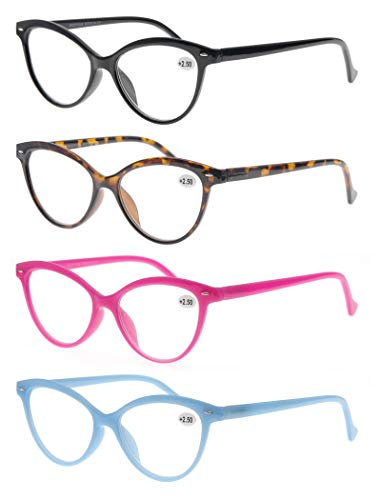 MODFANS Un Pack de Cuatro Gafas de Lectura 2.0 para Mujeres - Buena Vision Ligeras Comodas,Vista de Cerca/Vista Cansada,Cat Eye,Colores Negro-Marron-Rosa-Azul