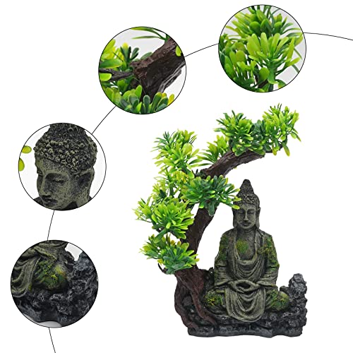 MOGOULUA Decoración de la estatua de Buda del acuario sentado con estatua de árbol de Bodhi de alta simulación escondite de peces subacuático, adorno de paisaje de pecera decoración