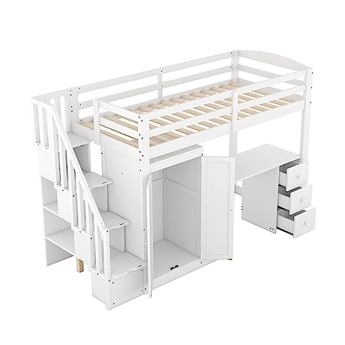 Moimhear 90 x 200 cama alta con armario y escalera, escritorio y cajones y armario en uno, blanco (WX000305-M)