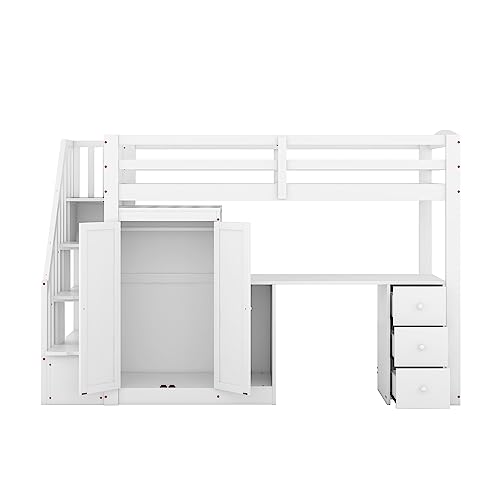 Moimhear 90 x 200 cama alta con armario y escalera, escritorio y cajones y armario en uno, blanco (WX000305-M)