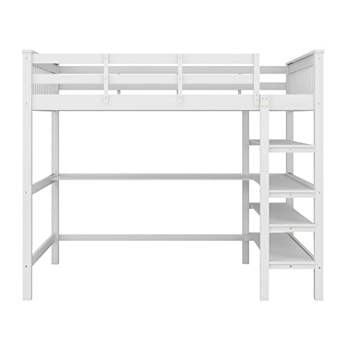 Moimhear Cama alta de madera con estantes y escritorio para debajo de la cama (blanco, 140 x 200 cm)