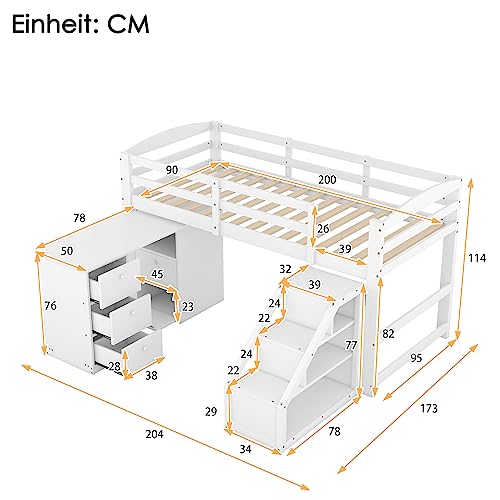 Moimhear Cama alta para niños con escritorio multifunción integrado y escalera, color blanco, 90 x 200 cm, WX000307-M