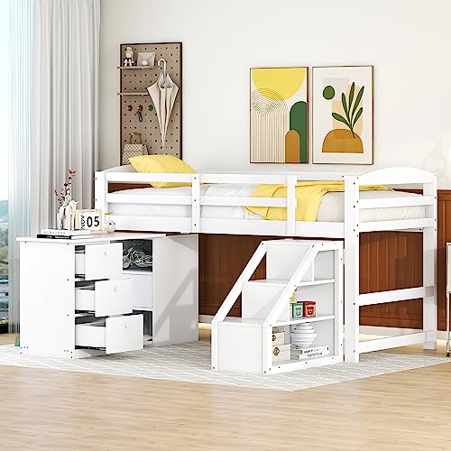 Moimhear Cama alta para niños con escritorio multifunción integrado y escalera, color blanco, 90 x 200 cm, WX000307-M