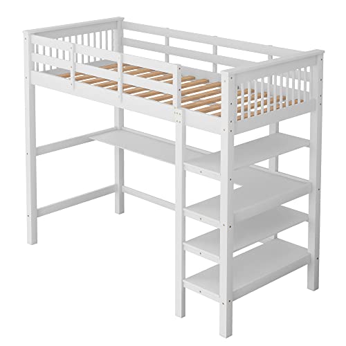 Moimhear Cama infantil de 90 x 200 cm, cama alta con escaleras, litera con estantes y escritorio, somier de láminas de madera (blanco)