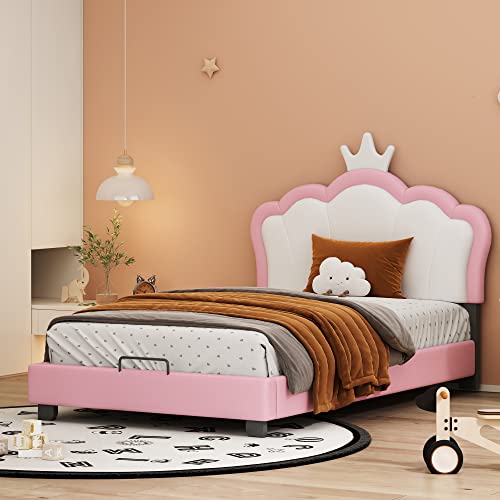 Moimhear Cama infantil tapizada 90 x 200 cm con somieres y respaldo, cama para niña con forma de corona, rosa (colchón no incluido) (90 x 200 cm),Blanco