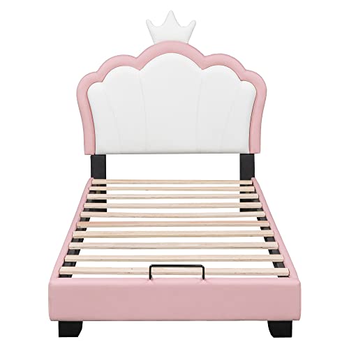 Moimhear Cama infantil tapizada 90 x 200 cm con somieres y respaldo, cama para niña con forma de corona, rosa (colchón no incluido) (90 x 200 cm),Blanco