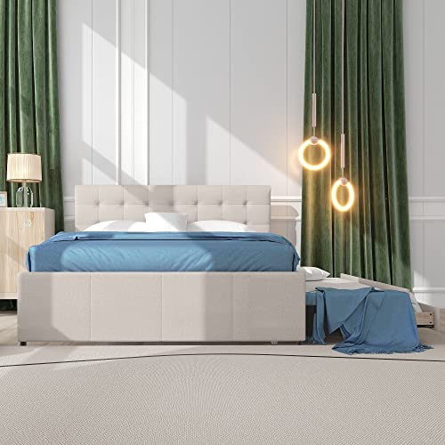 Moimhear Cama tapizada doble, 140 x 200 cm, cama familiar matrimonial con tres cajones, cama extraíble, cabecero ajustable (beige)