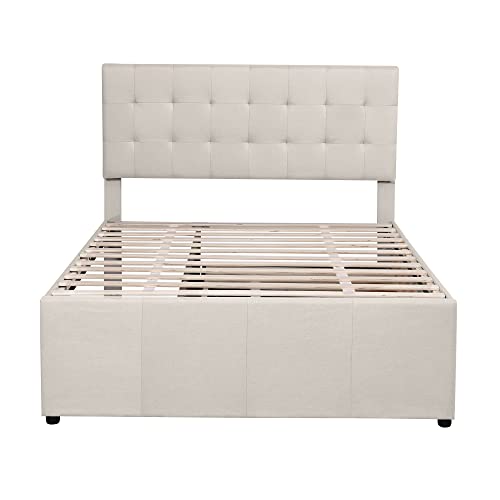 Moimhear Cama tapizada doble, 140 x 200 cm, cama familiar matrimonial con tres cajones, cama extraíble, cabecero ajustable (beige)