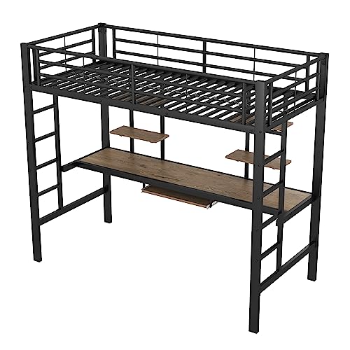 Moimhear Red de metal, cama de hierro, cama alta con escritorio y dos estanterías para niños, adolescentes y adultos, 90 x 200 cm, color negro