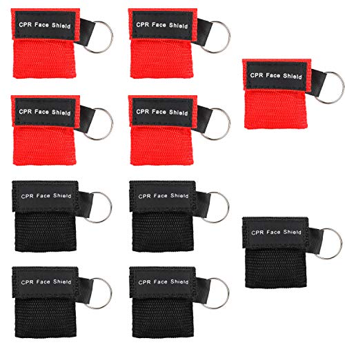 MojiDecor Máscara de CPR, Máscara respiratoria 10 PCS, CPR Máscara con Llavero, portátiles de Primeros Auxilios máscaras CPR con Barrera respiratoria con válvula de retención (5 Negro + 5 Rojo)