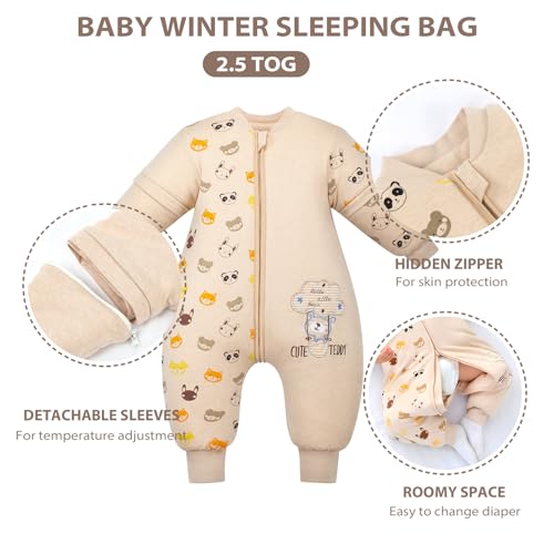 Mosebears Saco de Dormir para bebé - 2.5 TOG Saco de Dormir de Algodón Unisex para Bebés,con Mangas extraíbles, 18 – 36 Meses (Altura 85 – 95 cm)
