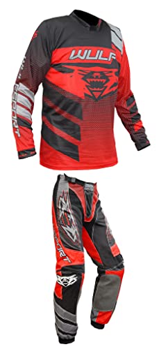 Motorbike Wulf Forte MX Kids Race Suit New 2020 Motocross Quad Off Road Trials Enduro Kart ATV MTB Dirt Bike Pit Sport Junior Pant Shirt Kit (Red,3-4 Years with Waist 22)