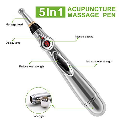 MQUPIN - Pluma de acupuntura electrónica para terapia de alivio del dolor, pluma de energía meridiana pluma para dolor con 5 cabezales de masaje