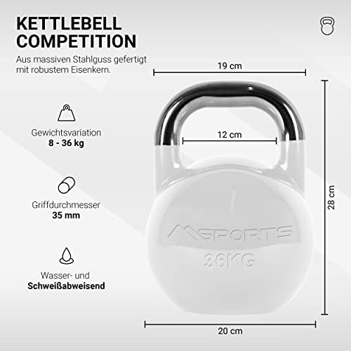 MSPORTS Kettlebell Competition Premium 4-36 kg con póster de Ejercicios | Calidad de Estudio Profesional | Kettlebell de competición, Pesas