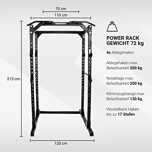 MSPORTS Power Rack Premium Cage H/B/T – 215 x 120 x 140 cm, estación de fuerza hasta 200 kg, jaula de pesas, estación de fitness cuadrada (Power Rack)